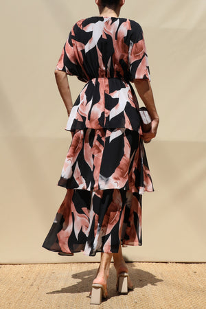 DD8574, Leaf Print Loose Fit Tiered Midi Dress