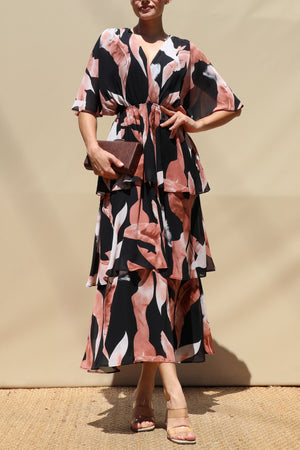 DD8574, Leaf Print Loose Fit Tiered Midi Dress