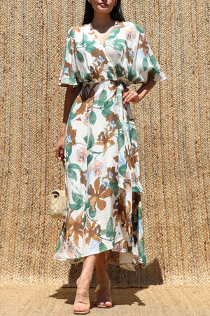 DD8224, Floral Printed Wrap Midi Dress