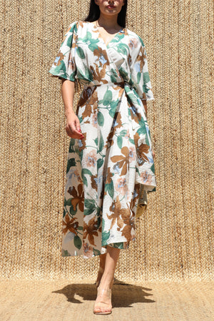 DD8224, Floral Printed Wrap Midi Dress