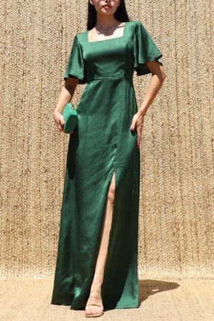 DD8614, Square Neck Satin Maxi Dress