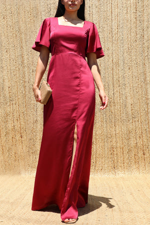 DD8614, Square Neck Satin Maxi Dress