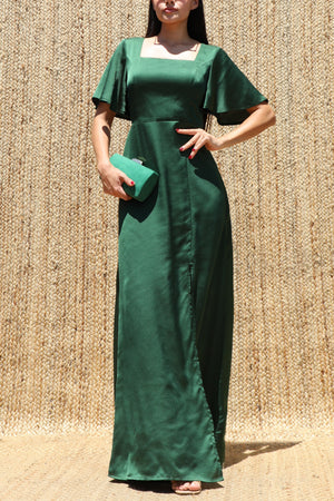 DD8614, Square Neck Satin Maxi Dress