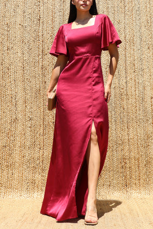 DD8614, Square Neck Satin Maxi Dress
