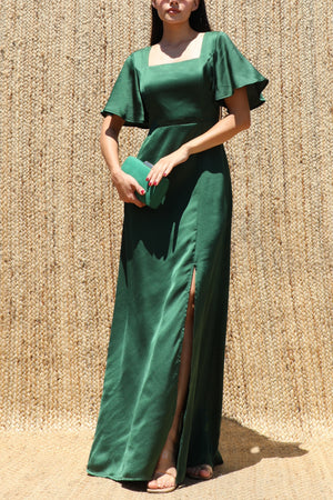DD8614, Square Neck Satin Maxi Dress