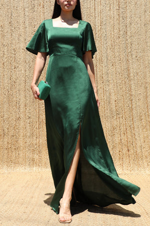 DD8614, Square Neck Satin Maxi Dress