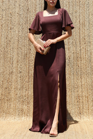 DD8614, Square Neck Satin Maxi Dress