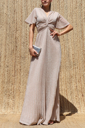 DD8602, Lurex Twist-front V Neck Maxi Dress