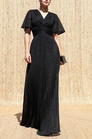 DD8602, Lurex Twist-front V Neck Maxi Dress