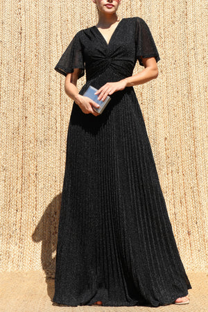 DD8602, Lurex Twist-front V Neck Maxi Dress