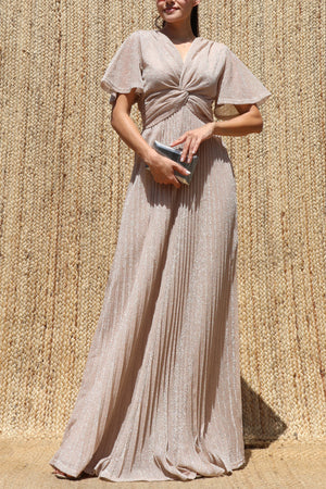 DD8602, Lurex Twist-front V Neck Maxi Dress