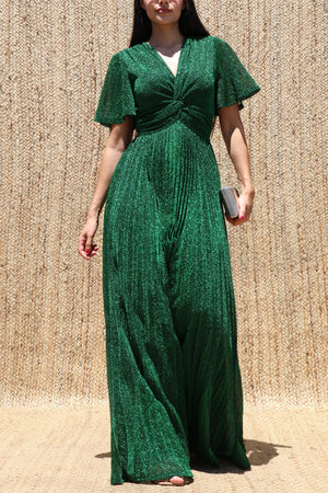 DD8602, Lurex Twist-front V Neck Maxi Dress