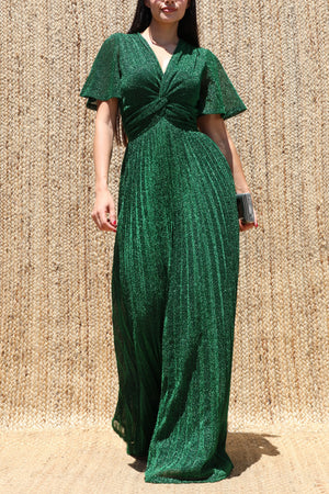 DD8602, Lurex Twist-front V Neck Maxi Dress