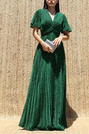 DD8602, Lurex Twist-front V Neck Maxi Dress