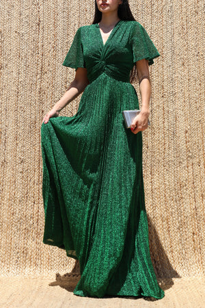 DD8602, Lurex Twist-front V Neck Maxi Dress