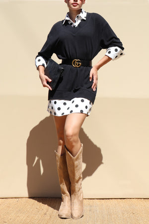 DD8694, Polka Dot Shirt Knit Top Mini Dress