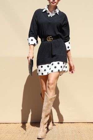 DD8694, Polka Dot Shirt Knit Top Mini Dress