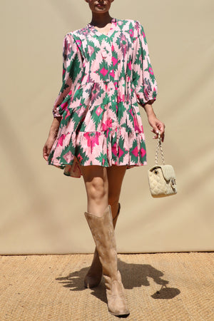 DD8650, Multi Printed Loose Fit Pintuck Mini Dress