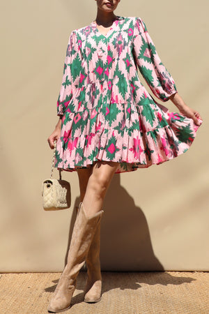 DD8650, Multi Printed Loose Fit Pintuck Mini Dress