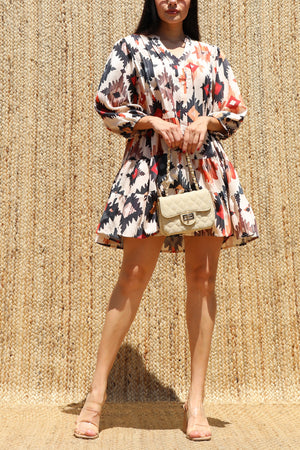 DD8650, Multi Printed Loose Fit Pintuck Mini Dress