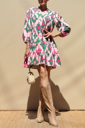 DD8650, Multi Printed Loose Fit Pintuck Mini Dress