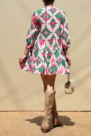 DD8650, Multi Printed Loose Fit Pintuck Mini Dress