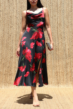 DD8710, Rose Printed Cowl Neck Satin Midi Dress