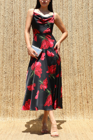 DD8710, Rose Printed Cowl Neck Satin Midi Dress