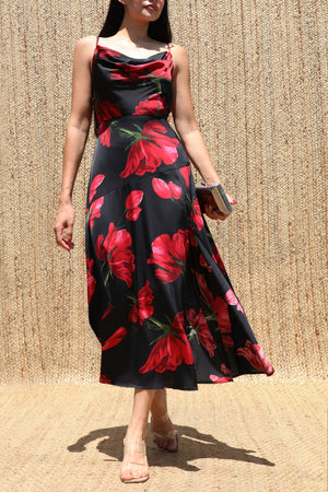 DD8710, Rose Printed Cowl Neck Satin Midi Dress