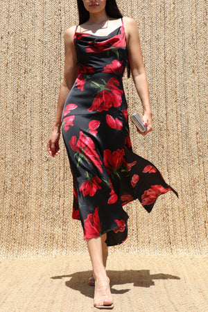 DD8710, Rose Printed Cowl Neck Satin Midi Dress