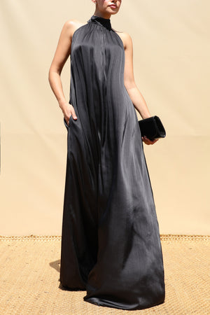 DD8737, Pleated Halter Neck Satin Maxi Dress