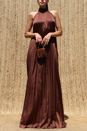 DD8737, Pleated Halter Neck Satin Maxi Dress