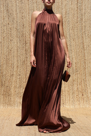 DD8737, Pleated Halter Neck Satin Maxi Dress