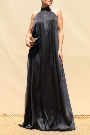 DD8737, Pleated Halter Neck Satin Maxi Dress