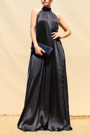 DD8737, Pleated Halter Neck Satin Maxi Dress