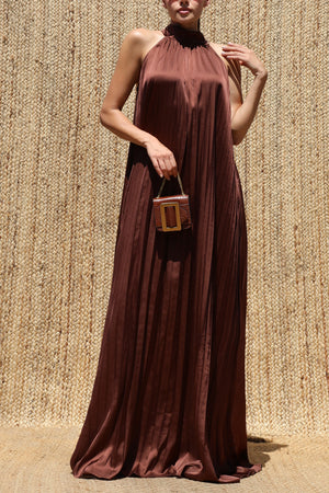 DD8737, Pleated Halter Neck Satin Maxi Dress
