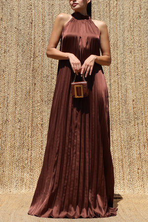 DD8737, Pleated Halter Neck Satin Maxi Dress