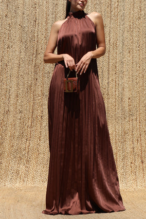 DD8737, Pleated Halter Neck Satin Maxi Dress