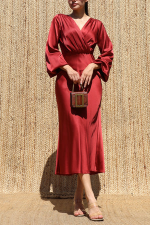 DD7595, V Neck Satin Midi Dress