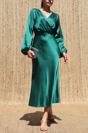 DD7595, V Neck Satin Midi Dress