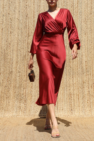DD7595, V Neck Satin Midi Dress