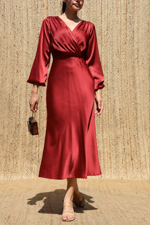 DD7595, V Neck Satin Midi Dress