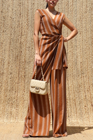 DD8415, Striped Loose Fit Wrap Style Jumpsuit