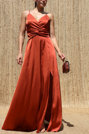 DD8621, Deep V Satin Maxi Dress