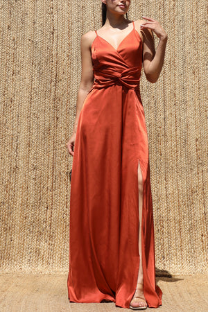 DD8621, Deep V Satin Maxi Dress
