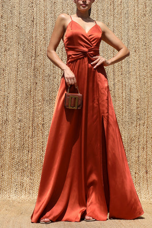 DD8621, Deep V Satin Maxi Dress