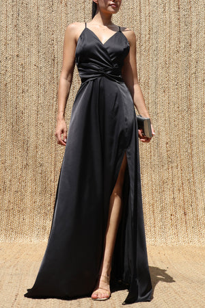 DD8621, Deep V Satin Maxi Dress
