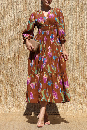 DD8668, Printed V Neck Midi Dress