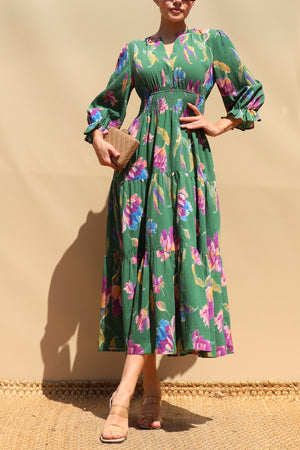 DD8668, Printed V Neck Midi Dress