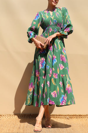 DD8668, Printed V Neck Midi Dress